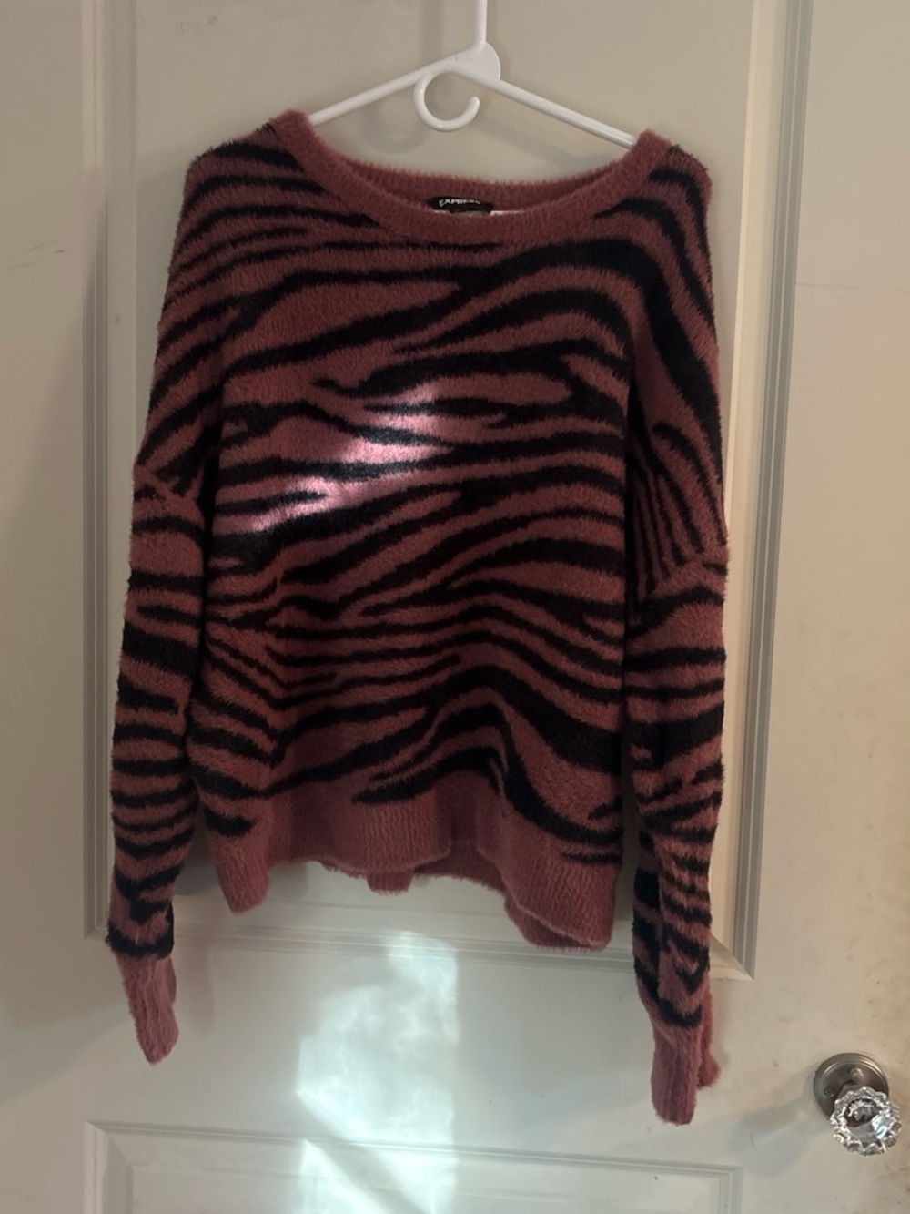 Express Mauve and Black Zebra-Stripe Fuzzy Crewneck Sweater